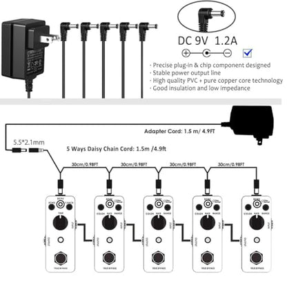 JOYO DC 9V 1.2A Guitar Pedal Power Supply with 5 Way Daisy Chain Cables, AC Wall Charger Power Adapter for Bass Guitar Effect Pedals (Tip Negative) - size: 9V1200mA