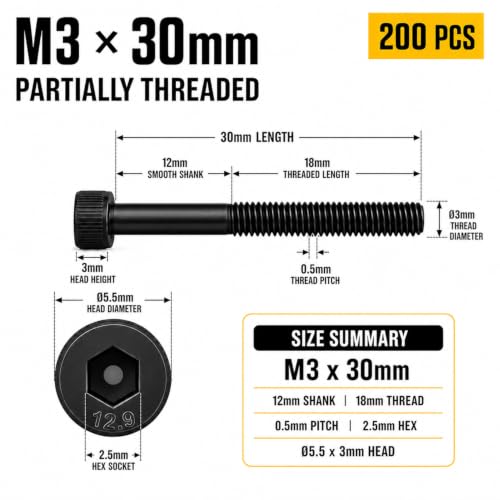 M3x30mm Screws 200pcs Hex Socket Cap 12.9 Steel Black Zinc Half Thread - size: M3*30mm 200pcs