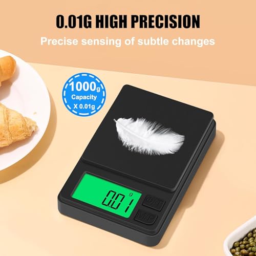Digital Pocket Scale 1000g x 0.01g, Portable Precision Gram Jewelry Scale, Backlit LCD for Food, Kitchen, Coffee, No Battery