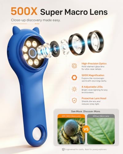 Kids Digital Microscope for Boys, 500X Handheld Microscope-Dark Blue - color: Deep Blue, size: 1 Pcs