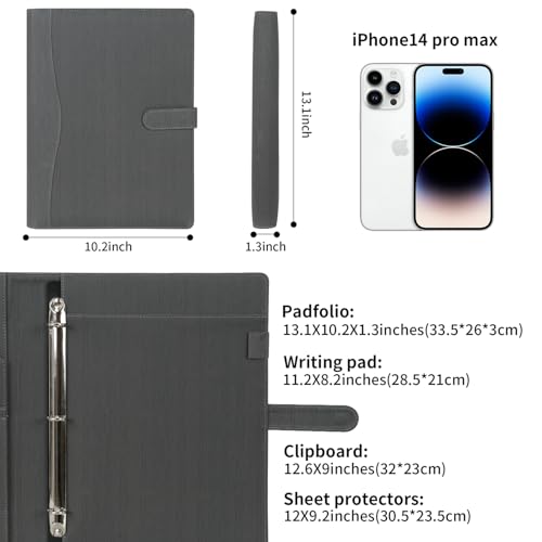 Wonderpool A4 PU Leather Portfolio Holder Ring File Document Case with Removable Binder Clipboard, Multi Pocket and Legal Pad for Business Organizer Interview and Meeting (Gray) - color: Gray
