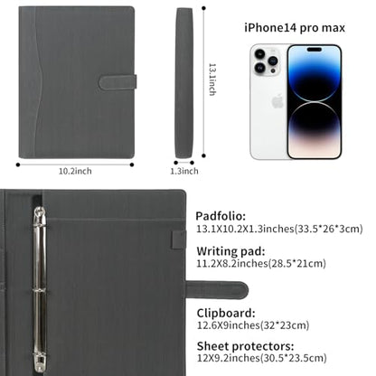 Wonderpool A4 PU Leather Portfolio Holder Ring File Document Case with Removable Binder Clipboard, Multi Pocket and Legal Pad for Business Organizer Interview and Meeting (Gray) - color: Gray