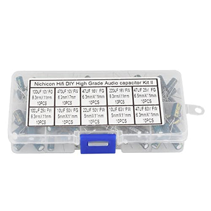 100pcs DIY High Grade Audio Capacito, Audio Capacitor Assorted Kit, 10 Values 10V-63V 10uf-470uf Electrolytic Capacitors Radial Capacitor