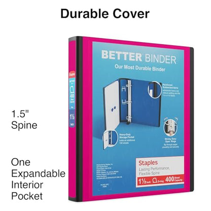 Staples Better 1.5-Inch 3-Ring Binder, Pink, Heavy-Duty - color: Pink, size: 1.5-Inch