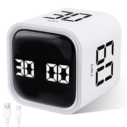 GuDoQi Multi-Function Cube Timer, 5/10/30/60 Min & Custom Count Down, Included Pause & Resume Feature, Silent, Vibrate & Adjustable Sound Alarm for Productivity in Tasks, Study & Kitchen, White - color: White