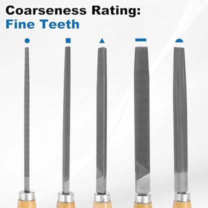 HARFINGTON 5pcs Metal File Set 6" Fine Teeth High Carbon Steel Hand Files with Wooden Handle Square/Flat/Triangle/Half-Round/Round for Metal Wood Stone Grinding Polishing Engraving