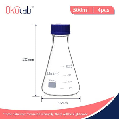 4pcs Erlenmeyer Flask Set with Blue Cap, 500ml Lab Erlenmeyer Flasks Glass Erlenmeyer Flasks, Borosilicate 3.3 Glass Material with Printed Graduation, EFG45G500A4 - style: 4 Pcs of 500ml