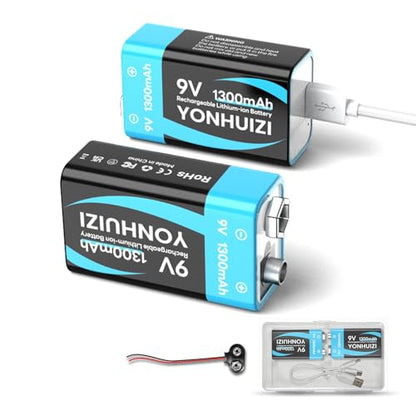2-Pack 1300mAh Rechargeable 9V Batteries, 9 Volt Lithium-ion Square Battery Long Lasting Power+Clip Connector and Storage Box for Smoke Alarms, Student Experiment or Other Equipment - size: 2Pcs