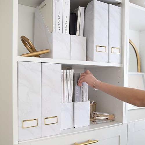 BLU MONACO Set of 4 Magazine Holders | White Marble Design with Gold Label Holders | Foldable File Organizer Boxes for Desk, Office & Classroom | Stylish Paper & Magazine Storage - color: White Gold Marble