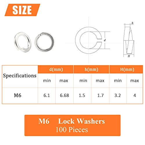HELIFOUNER 100 Pieces M6 Stainless Steel Split Lock Washers, 304 Stainless Steel Spring Lock Washers for Screws Bolts, Silver - color: Silver, size: M6 (100 PCS)