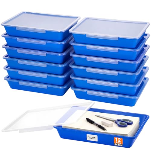 Tinlade 12 Pcs Classroom Paper Storage Bins with Lids, Blue, 13x10in - color: Blue