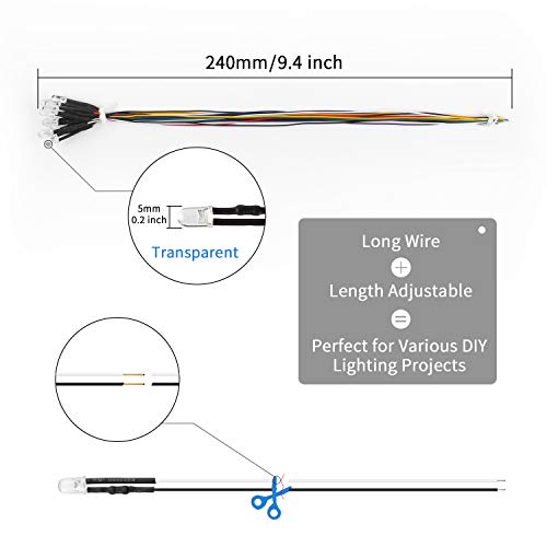 DiCUNO 100Pcs (10 Colors × 10Pcs) 5MM Pre Wired 12V LED Diodes, 9.4" Lead - color: 10 Colors * 10 Pcs