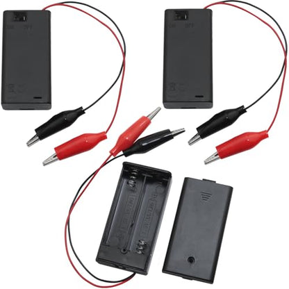 3PCS 2 AA Battery Holder with Cover and Switch and Cable Alligator Clip Medium Battery Holder Box Organiser with ON Off Switch Alligator Clip Wire Cable Black