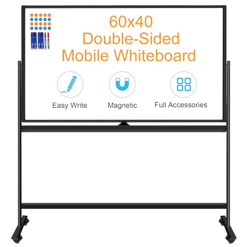 Rolling Whiteboard 60"x40",Double-Sided Magnetic Dry Erase Board with Stand - color: Black, size: 60"W x 40"H