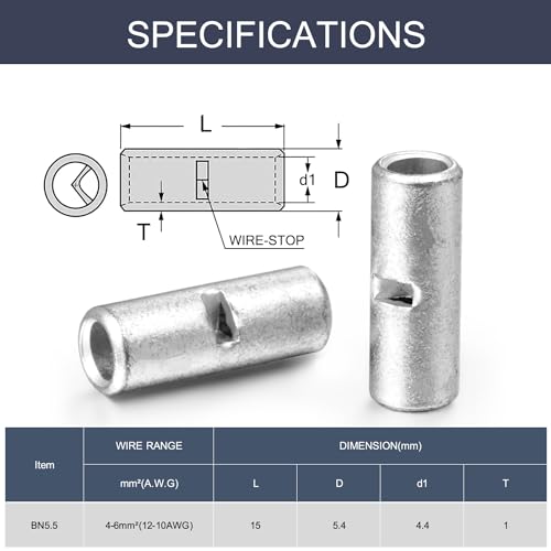 Chanzon 120pcs 12-10AWG Non Insulated Butt Connectors BN5.5 - size: 12-10 Gauge