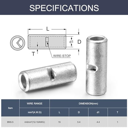 Chanzon 120pcs 12-10AWG Non Insulated Butt Connectors BN5.5 - size: 12-10 Gauge