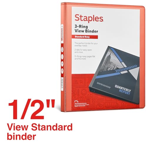 Staples Standard 0.5-Inch 3-Ring View Binder, Orange, 100 Sheets - color: Orange, size: 0.5-Inch, style: 1 Pack