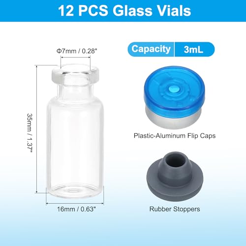 PATIKIL 12pcs 3ml Clear Borosilicate Glass Sample Vials with Aluminum Plastic Cap and Rubber Stopper for Lab Solid Liquid Powder Storage, Dark Silver Tone - color: Clear/Dark Silver Tone, size: 3ml