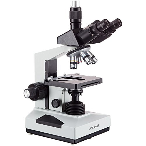 AmScope T490B-5MT Digital Compound Trinocular Microscope, WF10x and WF20x Eyepieces, 40X-2000X Magnification, Brightfield, Halogen Illumination, Abbe Condenser, Double-Layer Mechanical Stage, Sliding Head, High-Resolution Optics, Includes 5MP Camera with