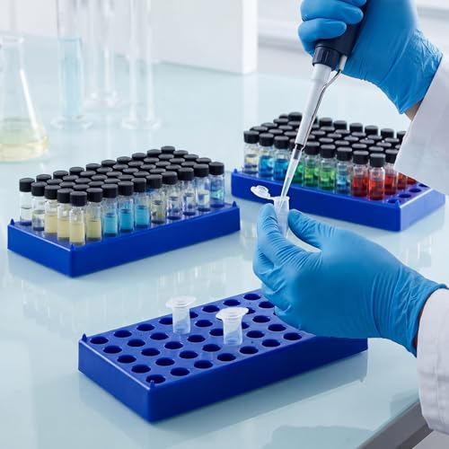 Lawei 6 Pack Vial Rack for 2ml HPLC Sample Bottles, 50 Holes with 13mm Diameter, Stackable Test Tube Holder, Durable Polypropylene Tube Rack, Centrifuge & Lab Bottle Holder with Numbered Grid, Blue
