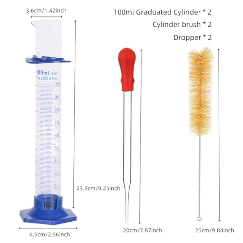 2Pcs 100ml Graduated Cylinder, Thick Glass Measuring Cylinder, with Anti-Falling Plastic Base and Bumper Guards, for Science Laboratory Measuring Liquid, Bring 2 Brushes and droppers - size: 100ml