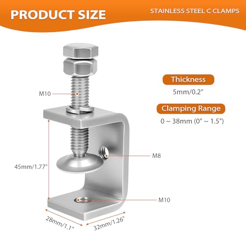 1-3/4 Inch C Clamp, 2 Pcs 304 Stainless Steel C Clamps, Small U Clamps for Mounting, G-Clamp with Wide Jaw Opening and I-Beam Design, for Carpentry, Metal Fabrication, DIY Home Improvement (45mm) - size: 1-3/4 Inch-2pcs（45mm）