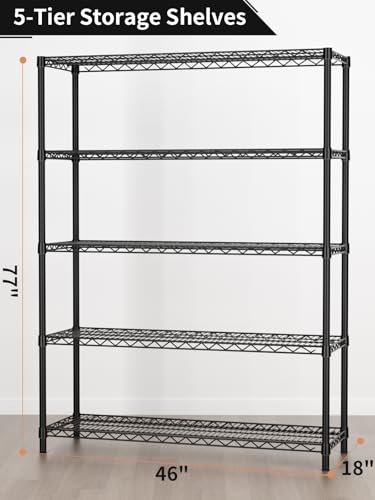 Golpart 5Tier Adjustable Storage Shelves Metal Wire Shelving Standing Shelf - color: Black, size: 5-tier-18"Dx46"Wx77"H