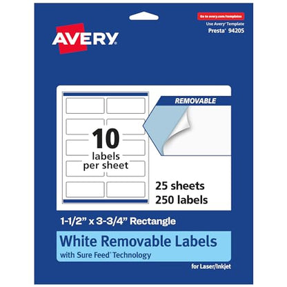 Avery Matte White Removable Rectangle Labels, Sure Feed Technology, Print-to-The-Edge, 1.5" x 3.75", 250 Removable Labels, Laser/Inkjet Printable - style: 250 labels