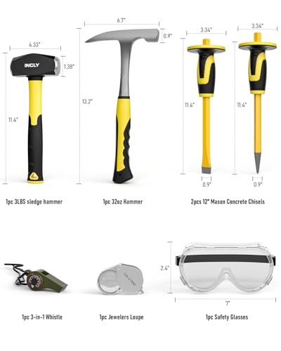 INCLY 7PCS Geology Rock Pick Equipment Kit, Rock Hammer and Chisel Set - size: 7Pcs