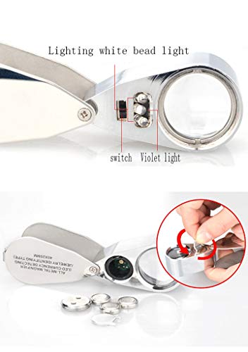 40X 25mm Illuminated Jewelry LED UV Lens Loupe Magnifier with All Metal Construction Folding Jewelers Magnifying Glass with Protective Case for Currency Detecting Jewelry Identifying