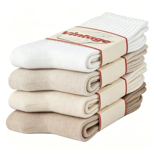 DAUCO 4 Pairs 98% Cotton Socks for Men Women Crew Seamless Fall Slouchy Socks - color: 4 Pairs - White+light Beige+light Khaki+medium Khaki, size: 5-10