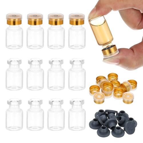 PATIKIL 12pcs 2ml Clear Borosilicate Glass Sample Vials with Aluminum Plastic Cap and Rubber Stopper for Lab Solid Liquid Powder Storage, Gold Plating - color: Clear/Gold Plating, size: 2ml