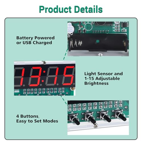 MiOYOOW Rechargeable DIY Digital Clock Kit, Soldering Projects for Adults - color: 4 Digit Rechargeable Clock Kit