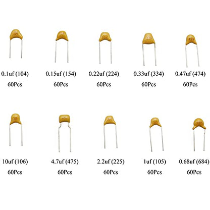 600Pcs 10Value Ceramic Capacitor Assortment Kit 0.1uf-10uf 50V DIP Monolithic Multilayer Chip Capacitors for Hobby Electronics, Audio-Video Project Electronic Repair