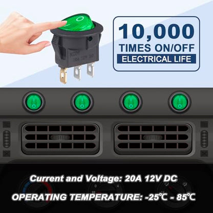 VEXUNGA Round Rocker Switch 12V 20A Green Light Iluminated Small Rocker Switch On Off 3 Pin Circle Square Toggles Switches for RV Car Truck Boat (Pack of 5pcs) - style: 5Pcs 3 Pin ON/OFF - Green