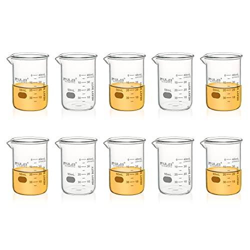 ULAB Heavy Duty Glass Beakers, 10pcs of Vol.50ml(1.7oz), Borosilicate 3.3 Glass, Thick Wall Beakers, with Double Scale, Superior Durability & Chemical Resistance, UBG1069 - style: 10pcs of Vol.50ml