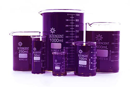 SCIENCENT Glass Beaker Set of 6 Borosilicate Thick Wall - 25ml, 50ml, 100ml, 250ml, 500ml, 1000ml (Set of 6)