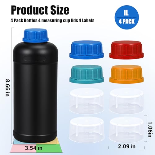 4 Pack 32oz Lightproof Black Plastic Bottles with Graduated Lids, Leak Proof Empty Liquid Containers, Travel Pill Bottles, Film Developing Kit & Sample Storage Bottles - size: 32 Ounces