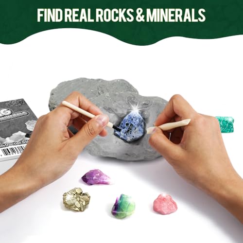 Rocks & Minerals Dig Kit - 12 Pack Real Gemstone Excavation Bricks, Crystals, Pyrite, Amethyst Archeology Digging Toys, STEM Educational Gift Box Party Favors for Kids Boys Girls Age 6+