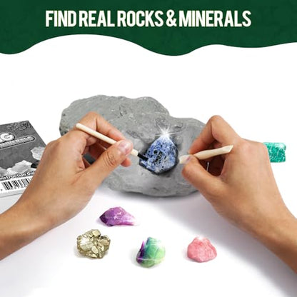 Rocks & Minerals Dig Kit - 12 Pack Real Gemstone Excavation Bricks, Crystals, Pyrite, Amethyst Archeology Digging Toys, STEM Educational Gift Box Party Favors for Kids Boys Girls Age 6+