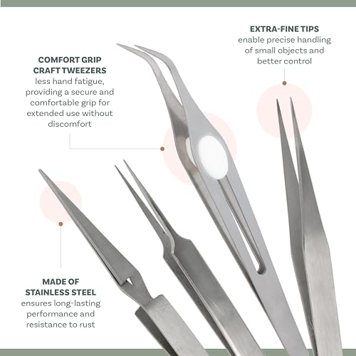 The Beadsmith Crafter’s Tweezers Set – 4-Piece Stainless Steel Set, Includes Knotting, Self-Locking, Fine Tip, and Angled Craft Tweezers