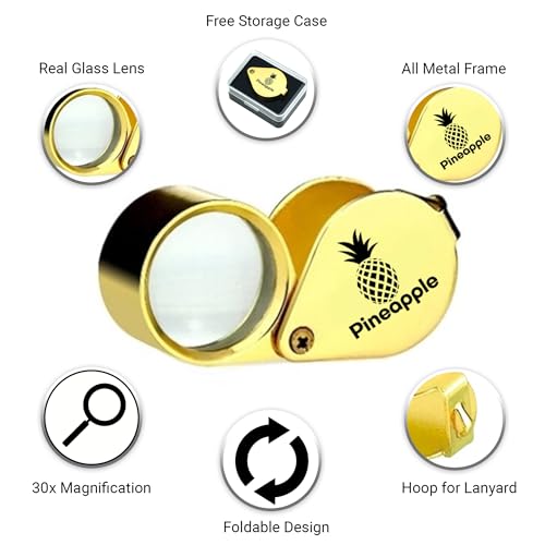 Pineapple 30X Jewelers Loupe Magnifier Foldable Pocket Magnifying Glass Small Jewelry Eye Loop for Jewelers, Gems, Diamonds, Plants, Coins (Gold) - size: Small