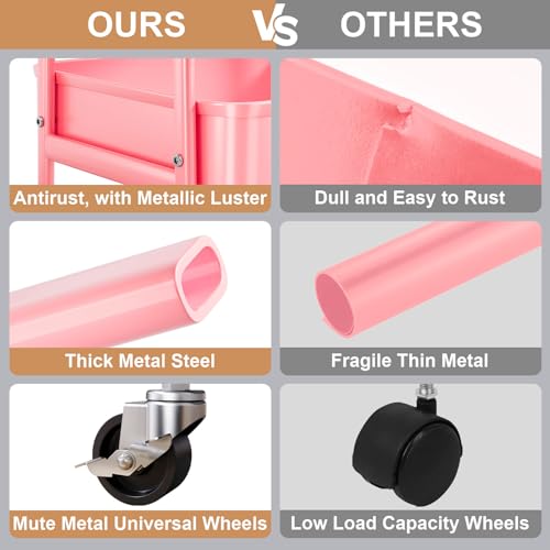 3 Tier Metal Rolling Cart with Lockable Wheels, Three Tiered Storage Carts - color: Fashion Pink, size: 3 tier