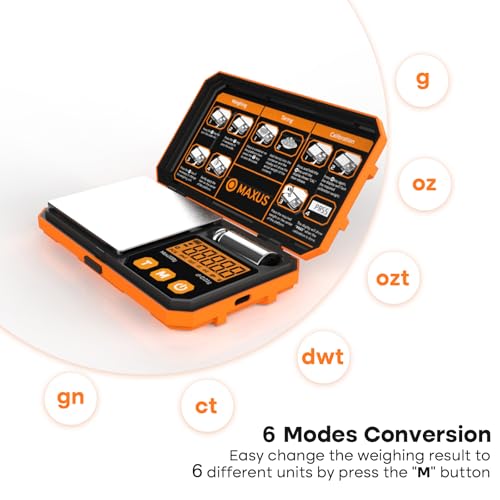 MAXUS Pocket Scale, 200g x 0.01g, with 50g Calibration Weight and USB Cable - color: Orange