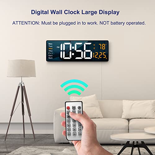 Digital Wall Clock Large Display, 16.2 Inch , LED Digital Clock with Remote Control for Living Room Decor, Automatic Brightness Dimmer with Date Week Temperature (Orange) - color: Orange