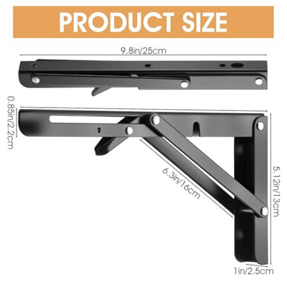 4 Pcs Folding Shelf Brackets, 10 Inch Heavy Duty Metal Foldable Triangle Wall Mounted Table Hinge, Space Saving Black Brackets for Bench Table DIY with Screws