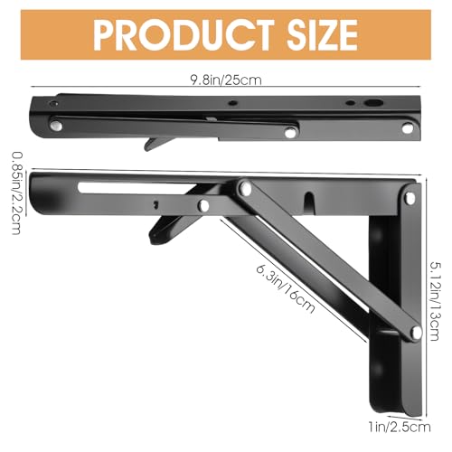 4 Pcs Folding Shelf Brackets, 10 Inch Heavy Duty Metal Foldable Triangle Wall Mounted Table Hinge, Space Saving Black Brackets for Bench Table DIY with Screws