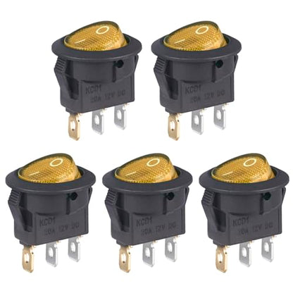 VEXUNGA Round Rocker Switch 12V 20A Yellow Light Iluminated Small Rocker Switch On Off 3 Pin Circle Square Toggles Switches for RV Car Truck Boat (Pack of 5pcs) - style: 5Pcs 3 Pin ON/OFF - Yellow
