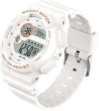 findtime Digital Watch Womens Sport Waterproof White Wrist Watches for Women with Alarm Stopwatch Hourly Chime LED Display 12H/24H Calendar - color: White Rose Gold