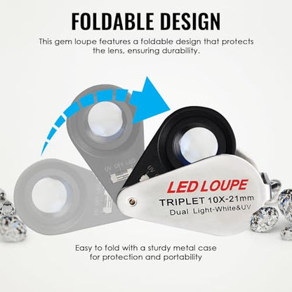 10x Foldable Pocket Magnifier Loupe with UV and LED Light for Jewelry, Rocks, Coins, and Antiques - Illuminated Magnifying Tool for Eye, Stamps, Watches, Hobbies, and Gems - color: 10x Magnification